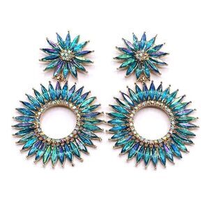 Yellow Gold with Blue Vitrail Crystal Starburst Statement Post Back Earrings